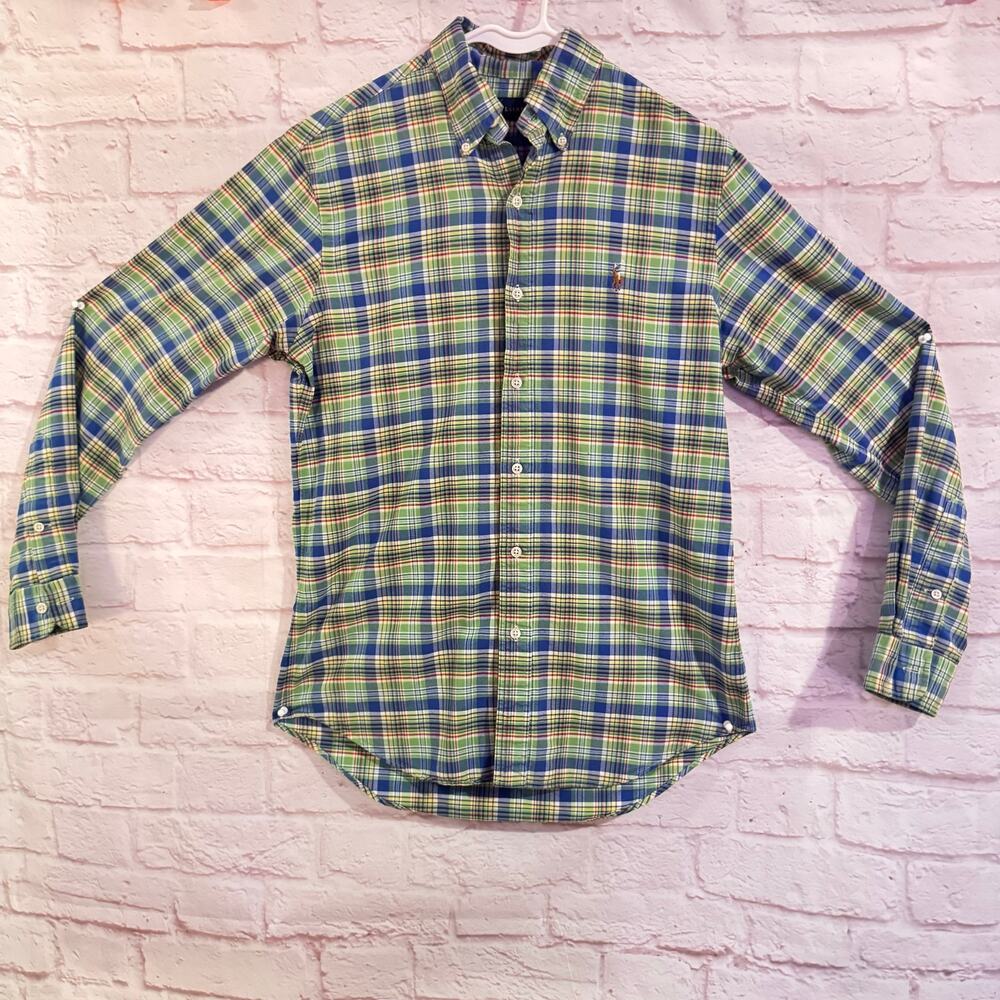 Ralph Lauren Sz S green/blue plaid cotton long sleeve button up shirt Preppy